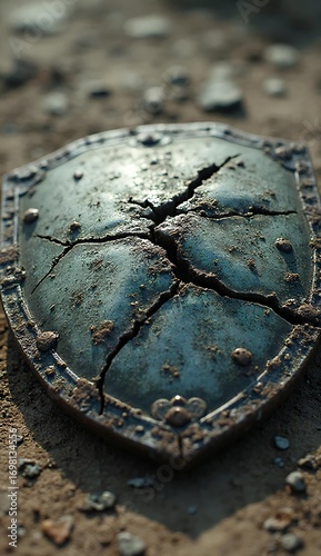 Cracked shield on sandy ground evokes lost battles and forgotten wars with dramatic light