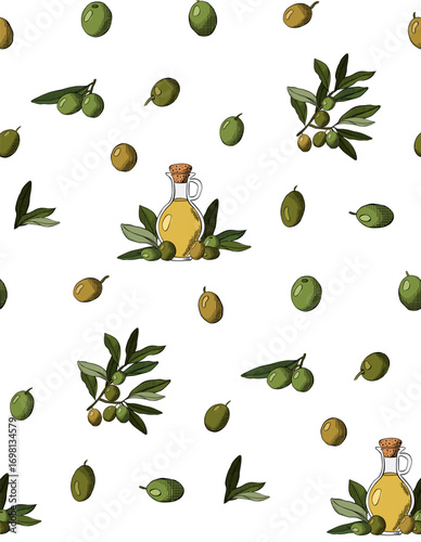 Olives and Olive oil bottle seamless pattern. Vector graphic line ink colored illustration. olive twigs on beige Banner, poster, wrapping paper, sticker, print, modern textile design.