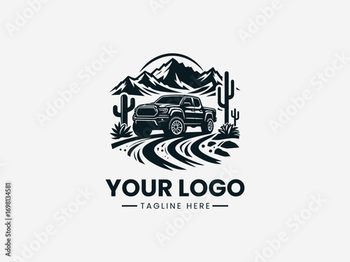 Vintage pickup truck off road adventure vector logo with desert cactus landscape