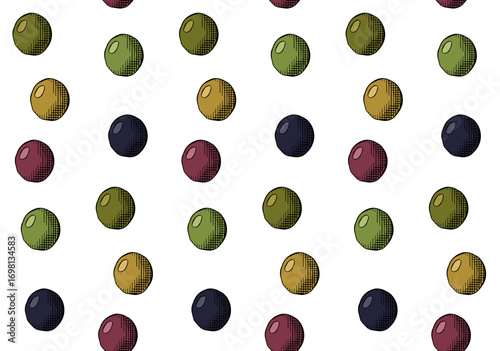 Olive berries seamless pattern. Vector graphic line ink colored illustration. Fresh Greek berries. Italian oil vegetables, oliva. texture for bedsheets, pajamas, wrapping papers.