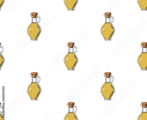 Olive oil bottle seamless pattern. Vector graphic line ink colored illustration. for design and decoration. Banner, poster, wrapping paper, sticker, print, modern textile design.