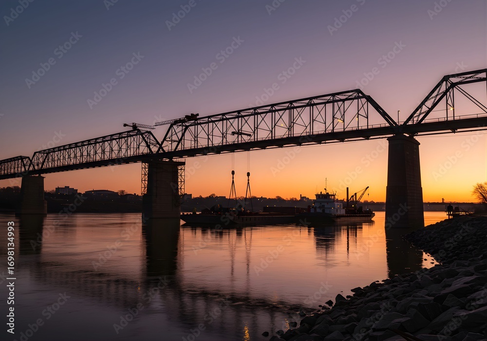 Obraz premium Panoramic dawn silhouette of a steel truss bridge skeleton being lifted into place over a river with barges and cranes