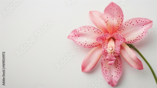 Exotic orchid of delicate pink color in a polka dot on a white background with copy space. Tropical flower, macro photography, botanical art. Horizontal image orientation
