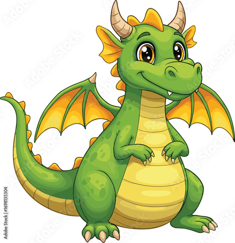 Cute cartoon dragon illustration, friendly green dragon character, fantasy creature artwork, magical animal drawing, fairytale monster design, vector