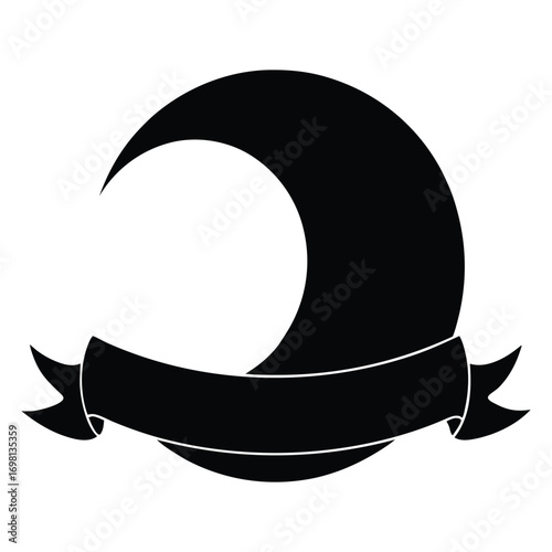 Crescent moon silhouette with ribbon banner for design and symbolism illustration