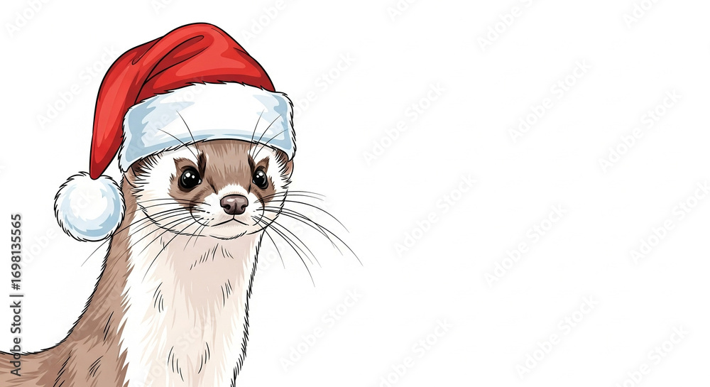 Fototapeta premium Weasel wearing a Santa hat with a festive expression on white background 