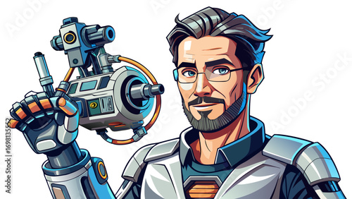 Close-up portrait of male robotics engineer holding a small robotic arm. Isolated white background highlights innovation, precision, and future engineering.