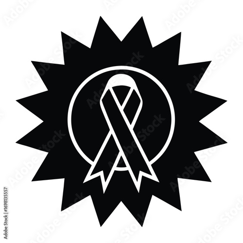 Black ribbon symbol within a starburst shape representing awareness and support illustration
