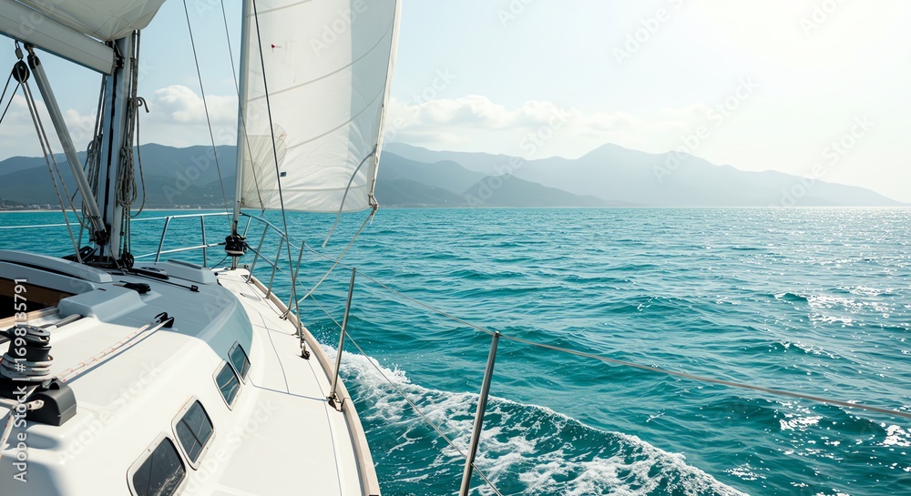 Fototapeta premium Sailboat sailing on turquoise ocean with mountains
