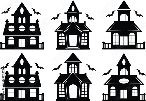 Collection of spooky haunted house silhouettes with bats for halloween