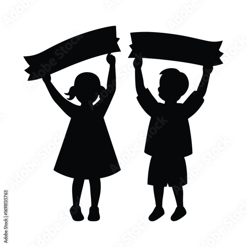 Children silhouettes holding empty banners announcing news or ideas together illustration