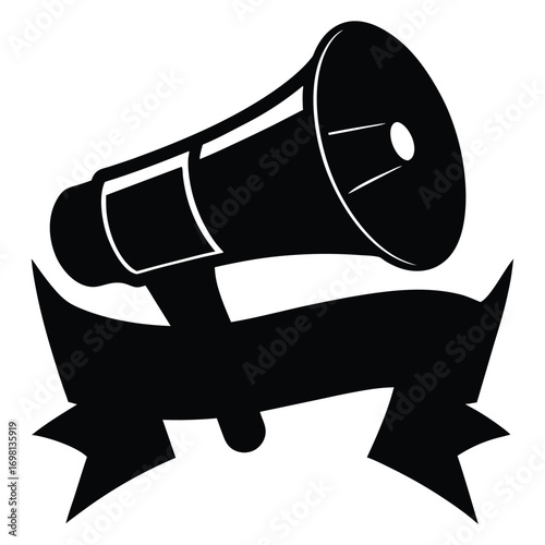 Retro megaphone silhouette and banner symbol for announcement and communication illustration