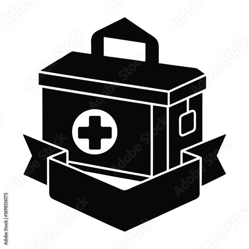 First aid medical kit emblem with cross symbol and ribbon for healthcare and emergency services illustration