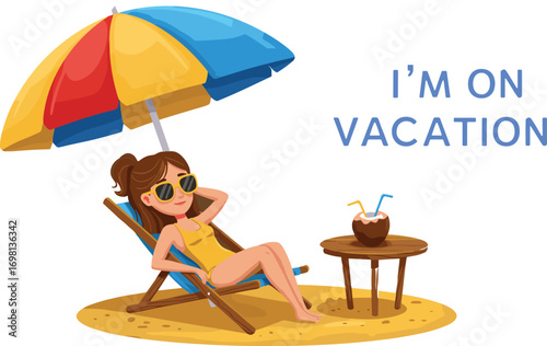Summer vacation illustration, woman relaxing under umbrella, tropical beach holiday vector, cartoon character sunbathing, coconut drink, seaside scene, leisure travel
