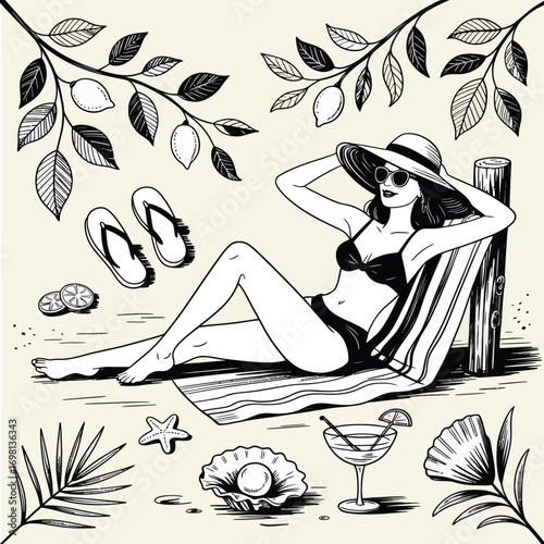 Woman in bikini relaxing on beach with summer elements in black and white Keywords: woman