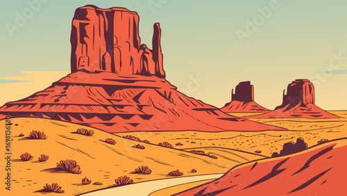 Monument valley arizona landscape illustration desert scenic view buttes travel art