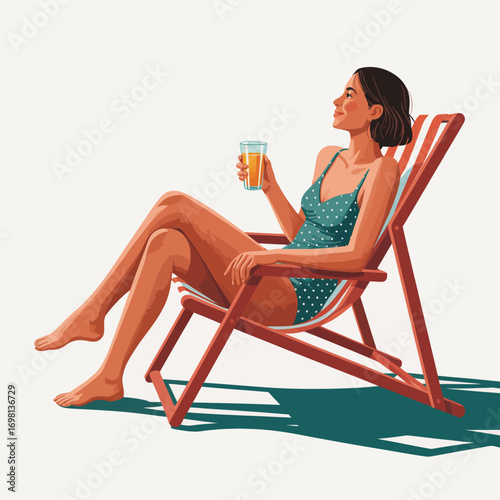 Woman in swimsuit relaxing on a deck chair with a drink Keywords: woman, swimsuit, deck chair