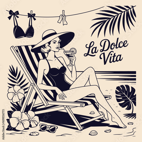 Woman in Swimsuit Relaxing on Beach Chair with Cocktail and La Dolce Vita Text relaxation