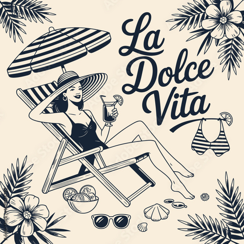 Woman on beach chair under umbrella with La Dolce Vita text vector illustration