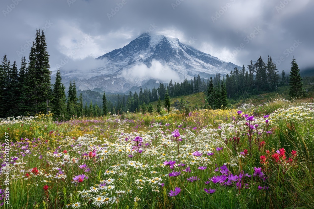 Obraz premium Lush meadow teeming with wildflowers, snow-capped mountain in the background