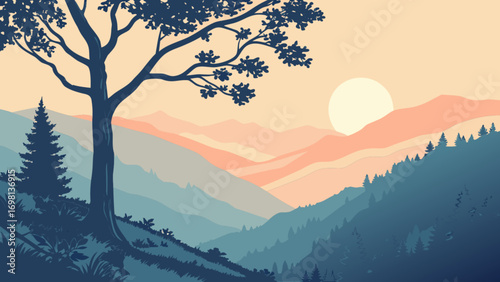 Serene landscape illustration of mountains trees and sunset vector graphic design art