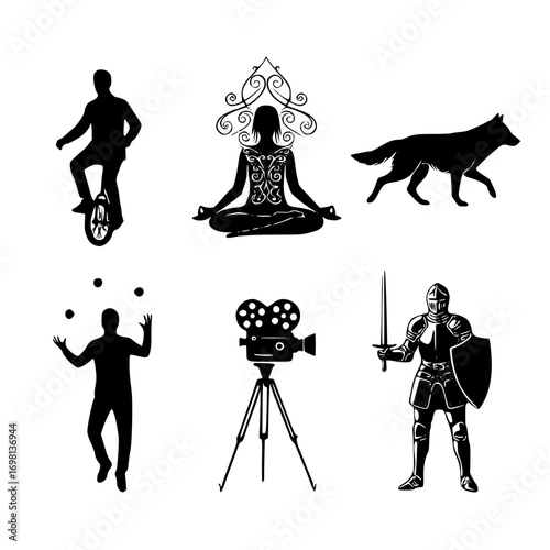 Collection of black silhouettes of various people, animals and objects
