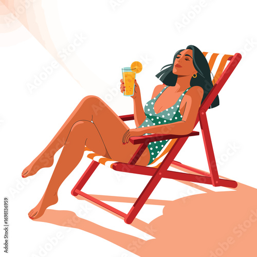 Woman relaxing in a deck chair with a drink on a sunny day Keywords: woman, deck chair, relaxing