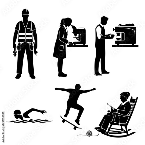 Set of people silhouettes doing different activities