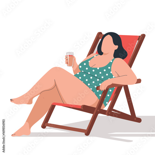 Woman relaxing in a deck chair with a drink on a white background lounge chair beach chair