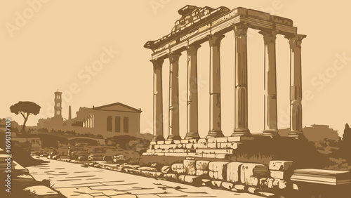 Roman forum ruins vector illustration vintage historic landmark travel destination