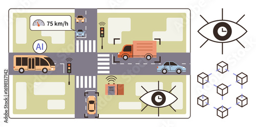 Vehicles at an intersection, monitored by AI for speed and safety. IoT devices transmit and analyze data. Ideal for smart cities, automation, AI, IoT, safety urban planning mobility. Simple flat