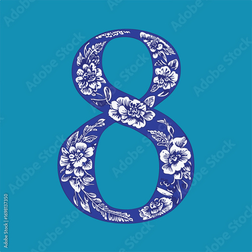 Royal Blue Floral Number 8 Decorative Illustration Sticker.eps