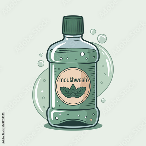Green mouthwash bottle with mint leaves and bubbles on light background Keywords: mouthwash, oral