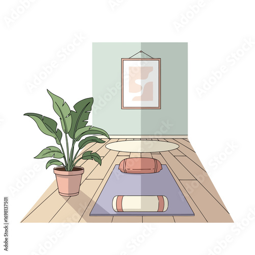 A serene room interior with a potted plant beside a yoga mat and cushions.