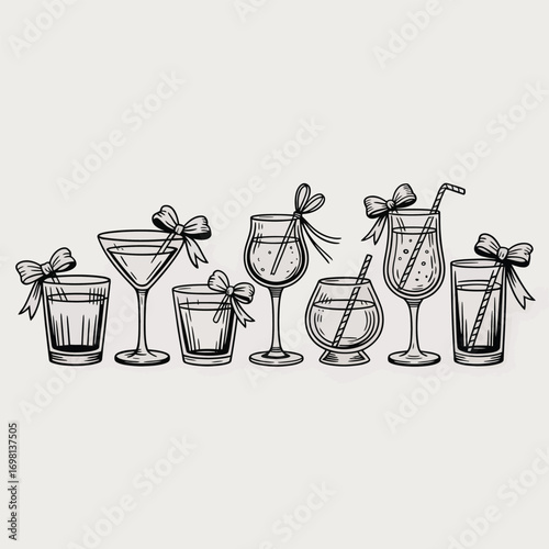 Hand Drawn Assortment of Festive Drink Glasses with Bows Keywords: drink glasses, cocktail