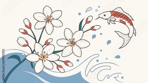 Illustration of koi fish swimming among cherry blossoms in japanese art style design