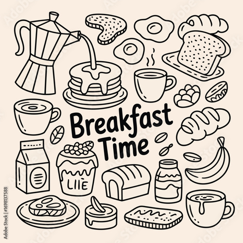 Hand Drawn Breakfast Food And Drinks Doodle Art Collection With Text coffee pancakes