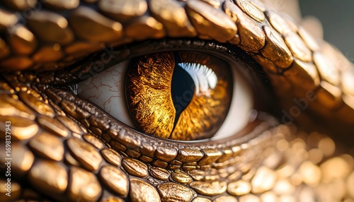 Detailed Close-Up of a Golden Dragon Eye with Textured Scales and Reflections