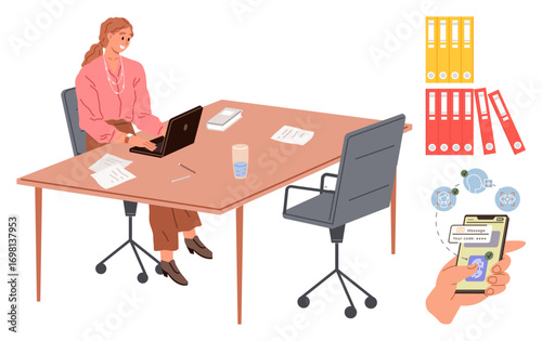 Woman typing on laptop at office desk with papers and files. Smartphone displays document sharing. Ideal for workplace, organization, productivity, remote work, digital management, teamwork, simple