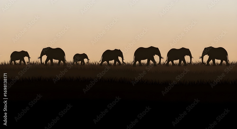 Obraz premium Majestic elephants travel together at sunset across grassy plains, a powerful symbol of family and nature's grandeur.
