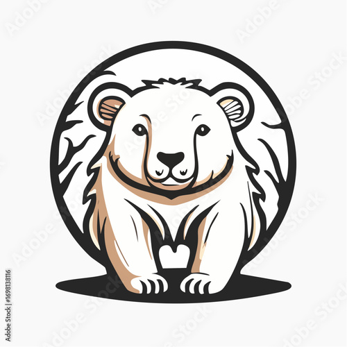 Minimalist illustration of a majestic white bear, symbolizing the spirit of the wild wilderness and northern landscapes, presented in a clean, elegant circular graphic design