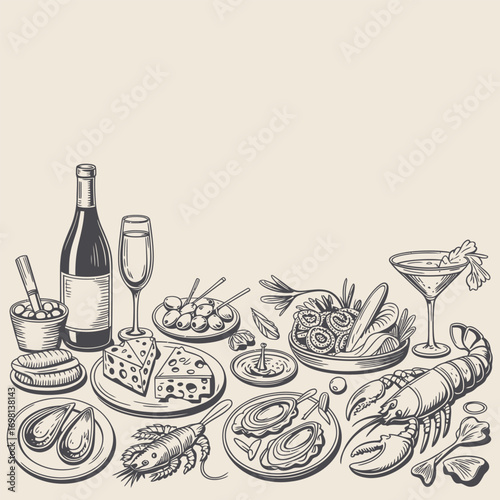 Hand Drawn Sketch Of A Delicious Seafood And Wine Spread drink