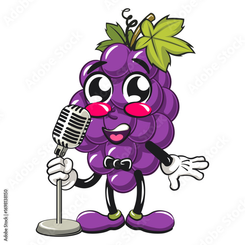 cute grape fruit mascot character vector illustration on front of the mic become a stand up comedian, work of hand drawn
