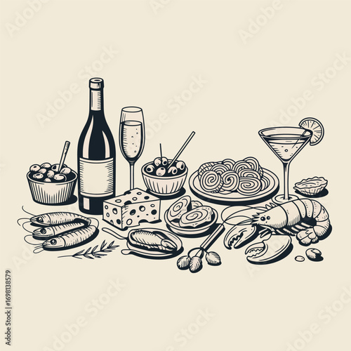 Hand-drawn illustration of a spread of tapas and wine Keywords: tapas, food, drink, wine, cheese