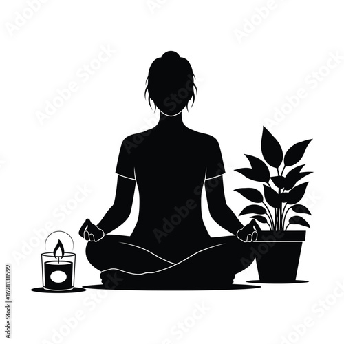 Silhouette Meditating Inner Peace, Mindfulness, and Wellness Journey with Calming Elements