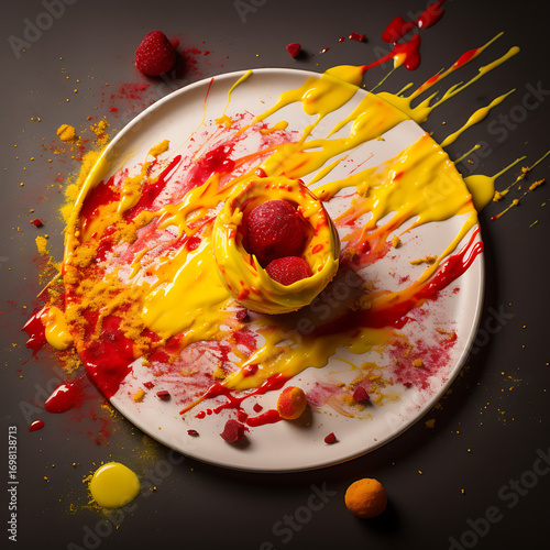Dessert Plate Mockup with Raspberries and Colorful Sauce Splashes