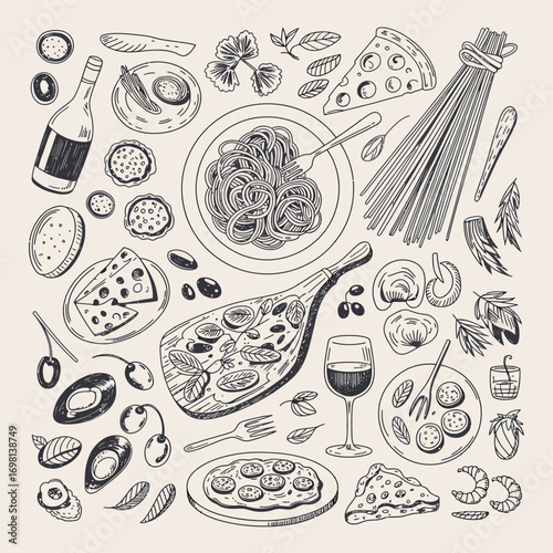 Hand-drawn Italian food and ingredients in a doodle style on a light background Keywords: Italian