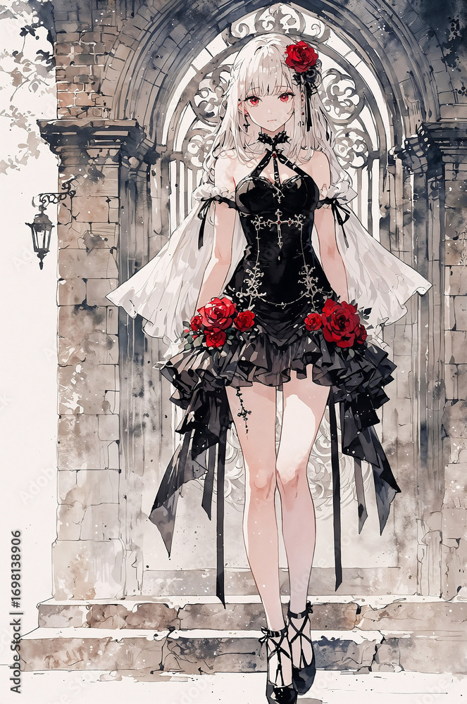 Naklejka premium Gothic Anime Girl in Black Dress with Red Roses, Elegant Dark Fantasy Illustration