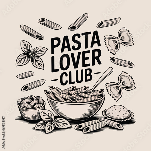 Hand-drawn pasta dishes and " Pasta Lover Club" text in vintage style Keywords: pasta, food