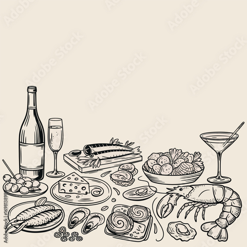 Hand-drawn sketch of a lavish seafood and wine spread on a table drawing